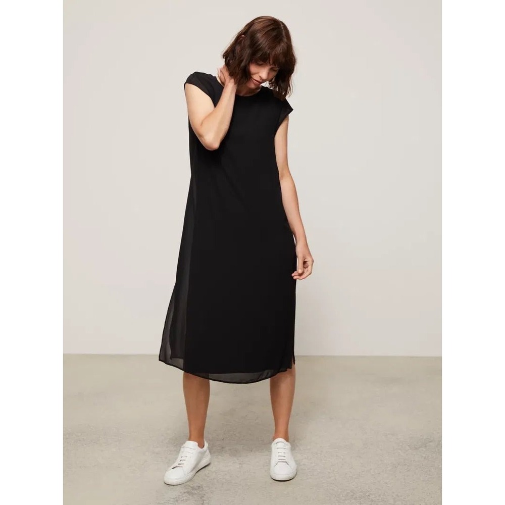John Lewis & Partners Black Sheer Overlay Shift Midi Dress Size 14